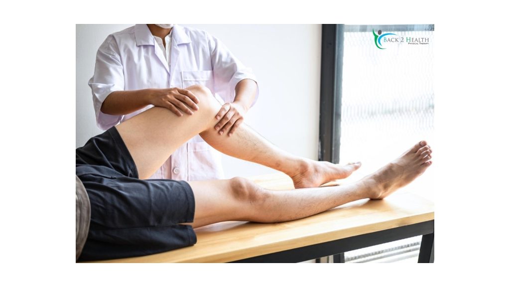 Physical therapist performing knee rehabilitation exercises on a patient lying on a treatment table during knee replacement rehab at a physical therapy clinic.