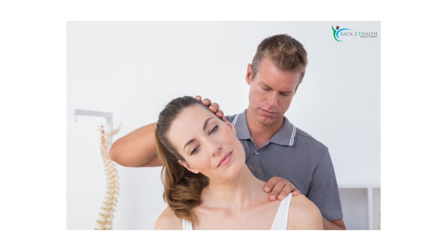 A physical therapist at Back 2 Health performing a manual neck stretch and cervical mobilization on a female patient to provide physical therapy for neck pain in Michigan.