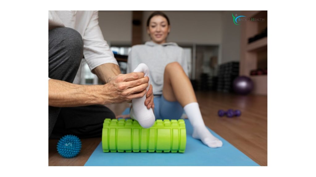 A specialized therapist at Back 2 Health clinic assists an elderly patient with balance training and mobility exercises using forearm crutches for safe recovery.