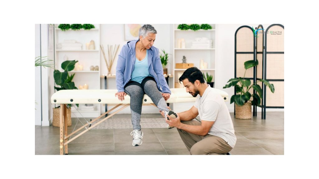 A physical therapist performing a leg assessment on a patient to provide auto accident physical therapy for soft tissue damage.