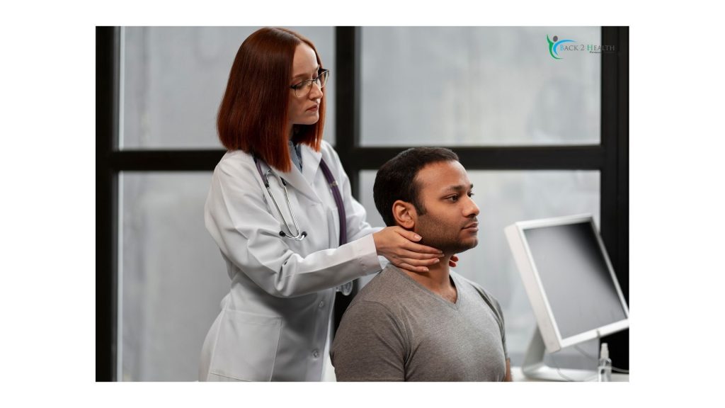 A female therapist in a white coat performing manual techniques and postural checks for physical therapy for neck pain relief.