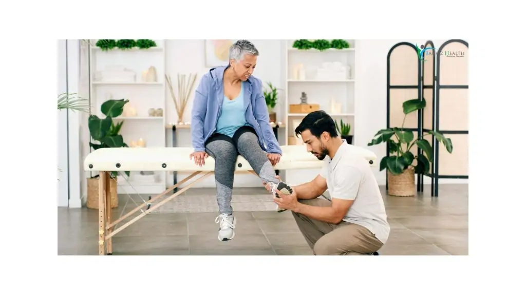 A physical therapist performing a leg assessment on a patient to provide auto accident physical therapy for soft tissue damage.