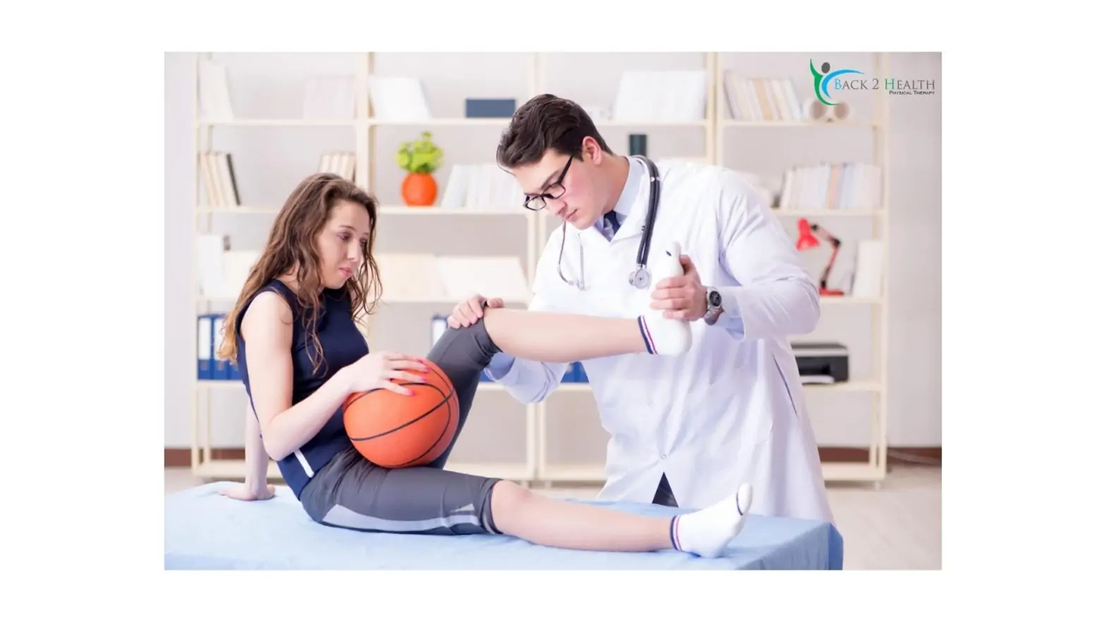 A female basketball player receiving a knee examination from a doctor in a clinic, illustrating auto accident physical therapy for joint injuries.